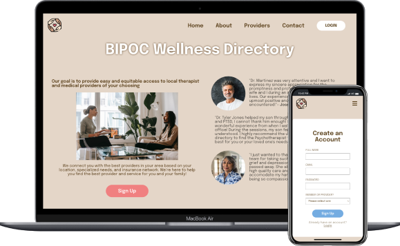 View of BIPOC Wellness Directory project on macbook and iphone devices